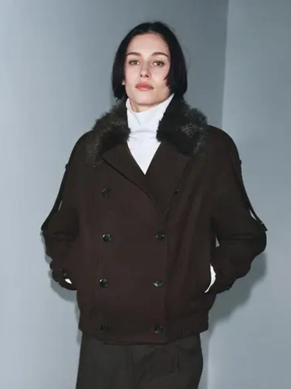 NWT ZARA Wool Double Breasted Jacket Detachable Fur Collar Brown XS (See Note)